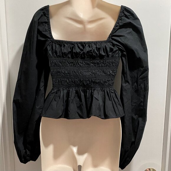 Staud Jules Puff Sleeve Peplum Smocked Y2K Peasant Cottage Cropped Cotton Top M - Picture 3 of 9